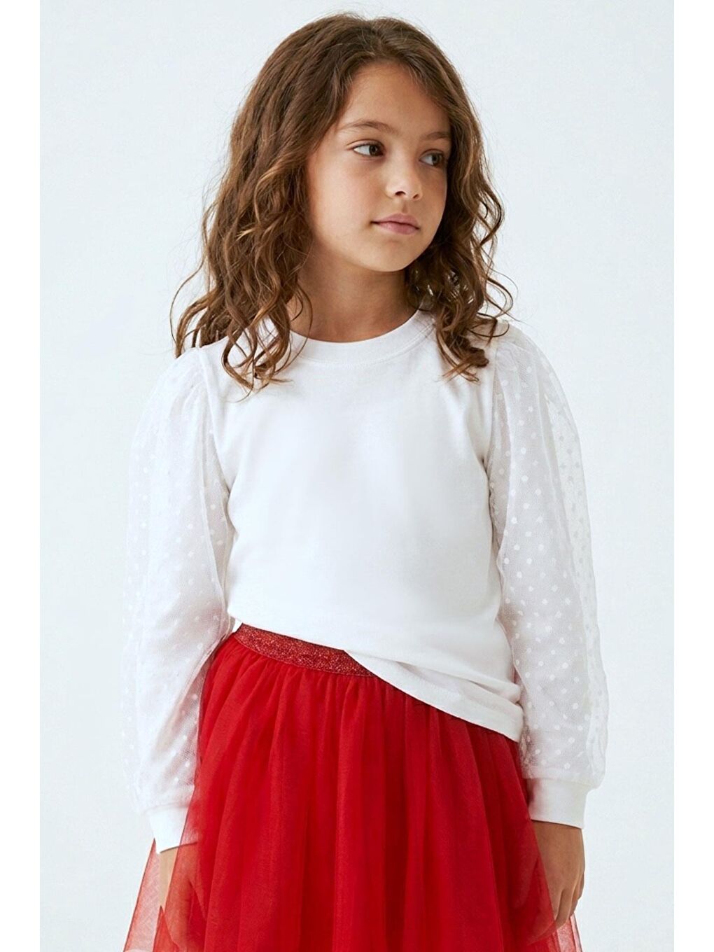 Kız Çocuk Uzun Kollu Tişört Kolları Tül Detaylı Ekru (4-9 Yaş)-1