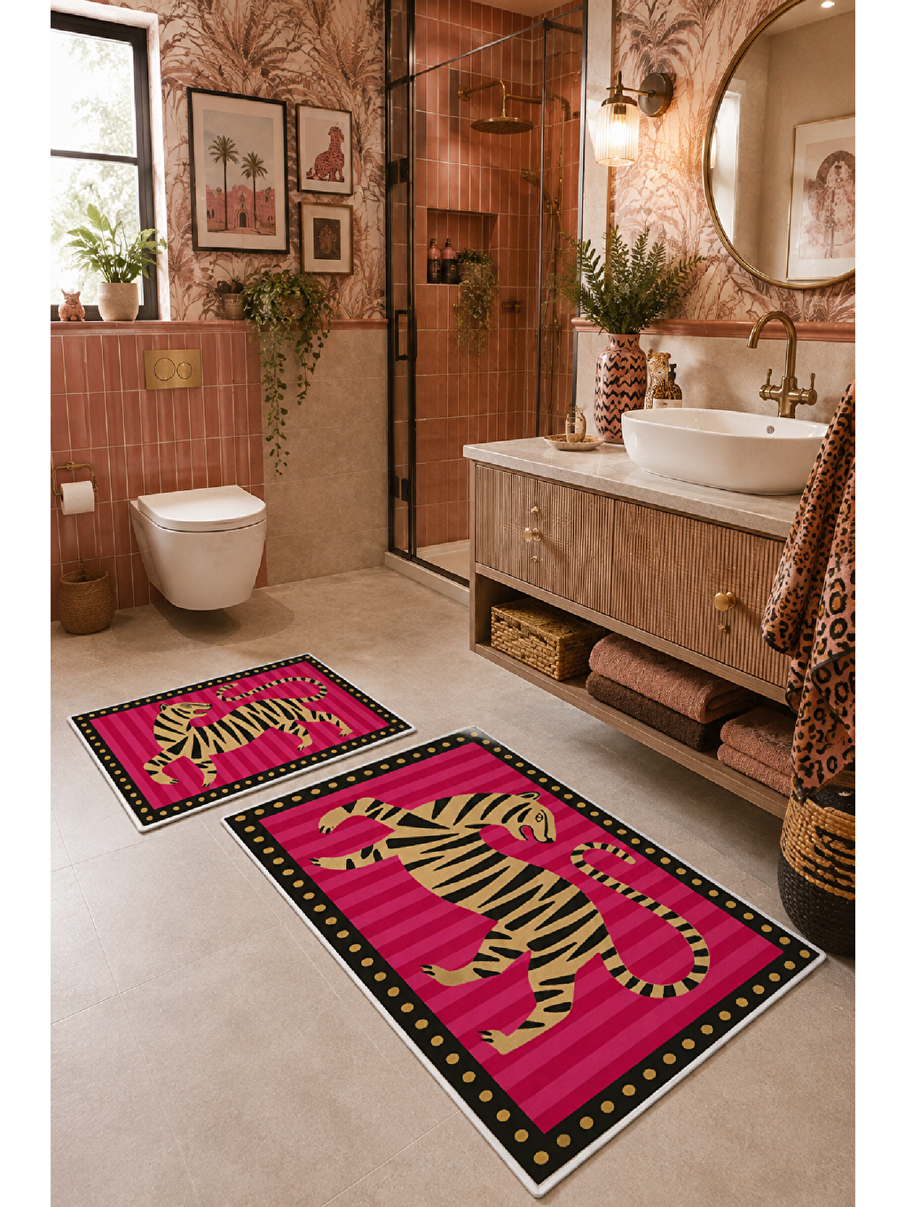 Fuşya Yeşil Kaplan Desenli Kaymaz Taban Banyo Paspası 2’li Set-3