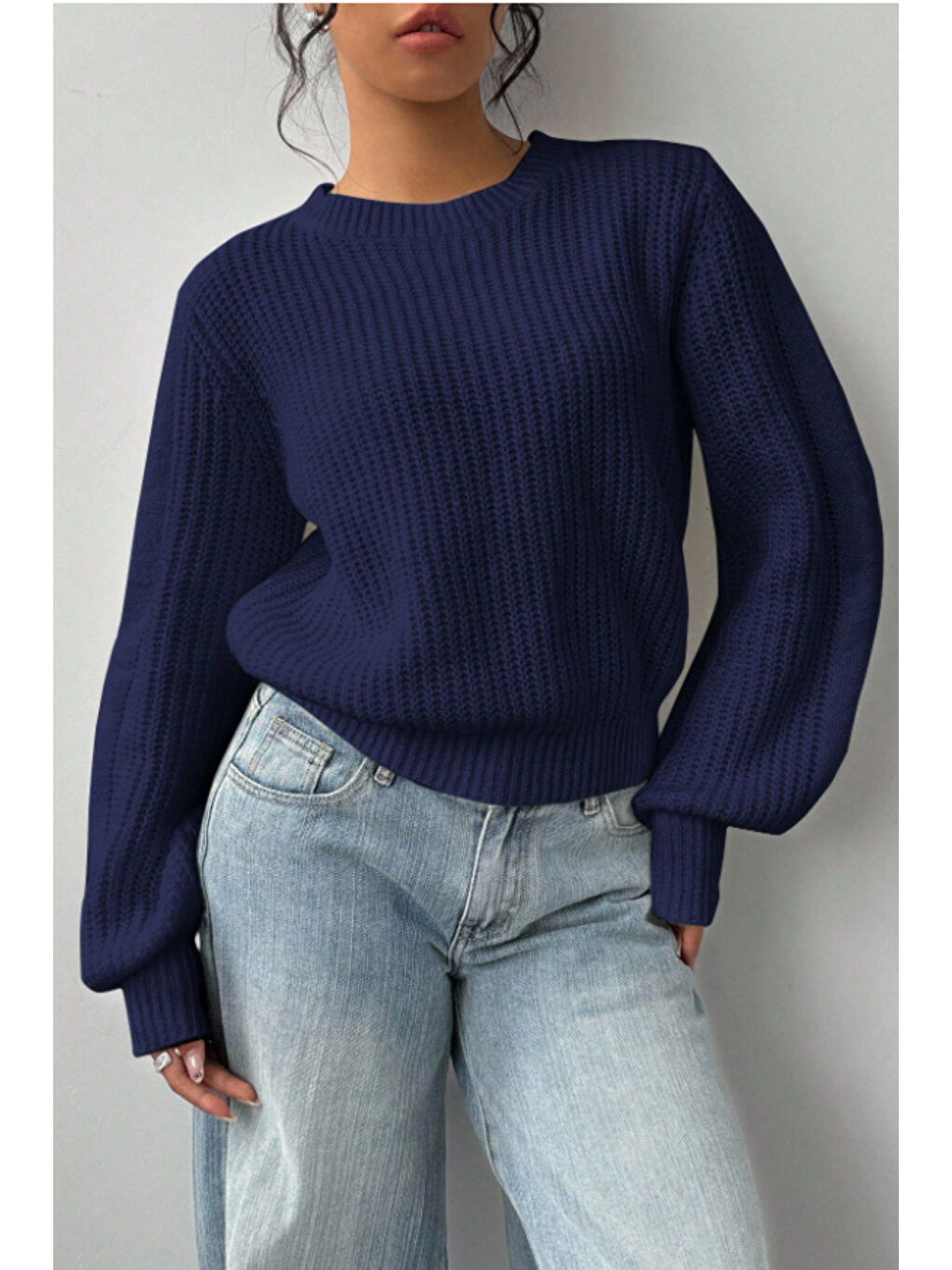Kadın Lacivert Oversize Bisiklet Yaka Balon Kol Fitilli Triko Kazak