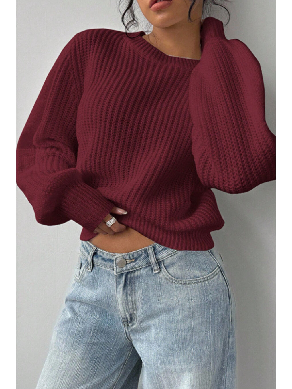 Kadın Bordo Oversize Bisiklet Yaka Balon Kol Fitilli Triko Kazak-3