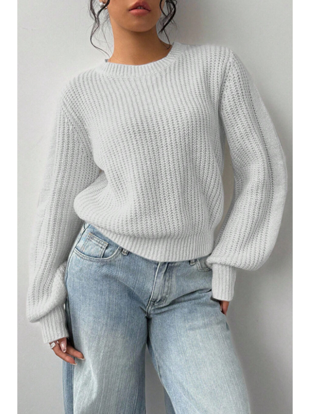 Kadın Beyaz Oversize Bisiklet Yaka Balon Kol Fitilli Triko Kazak