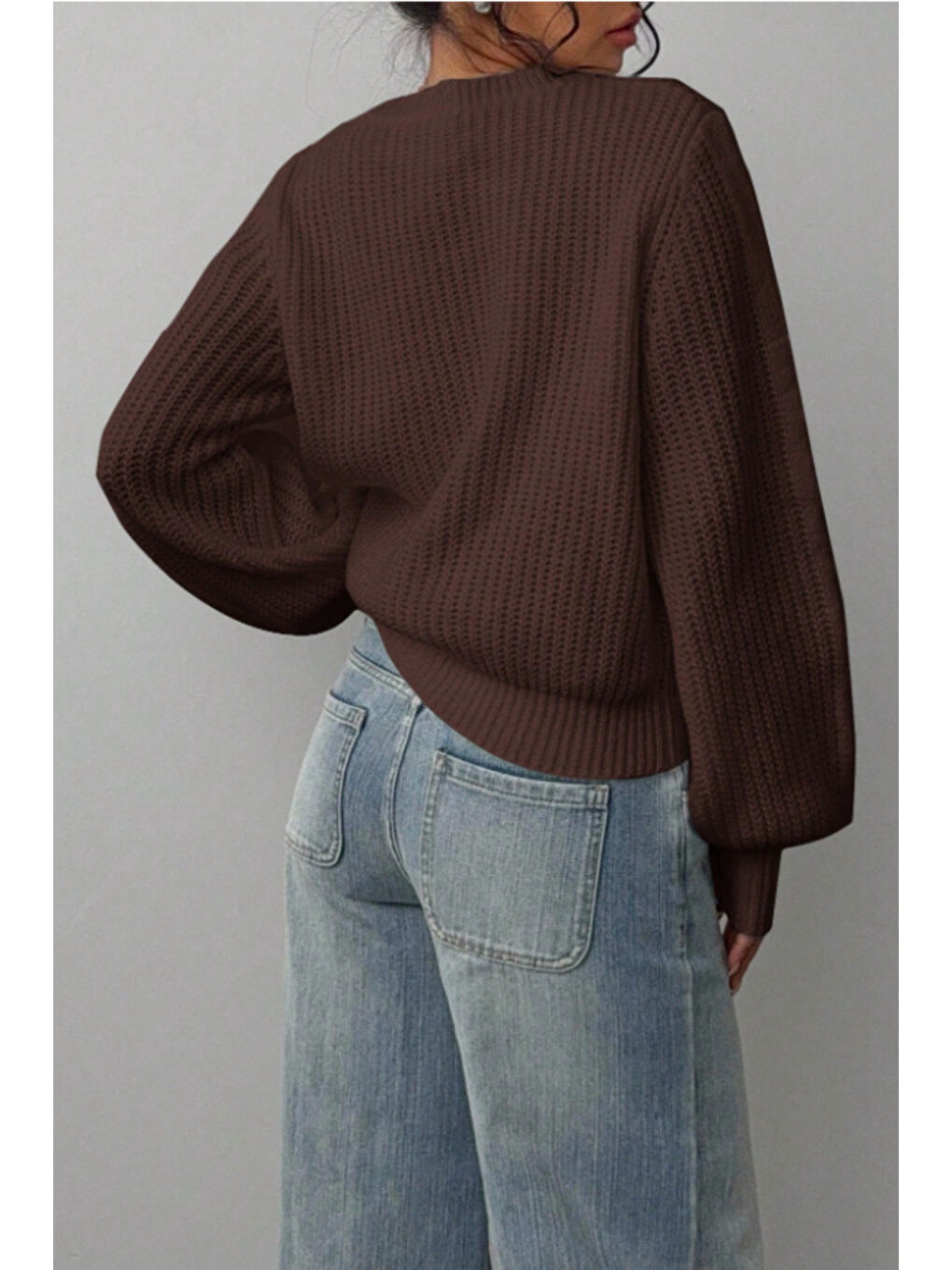 Kadın Kahverengi Oversize Bisiklet Yaka Balon Kol Fitilli Triko Kazak-4