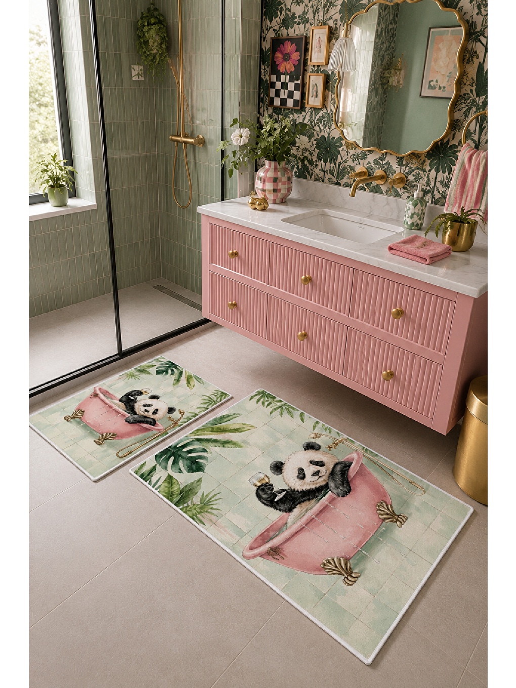 Beyaz Açık Yeşil Panda Desenli Kaymaz Taban Banyo Paspası 2’li Set