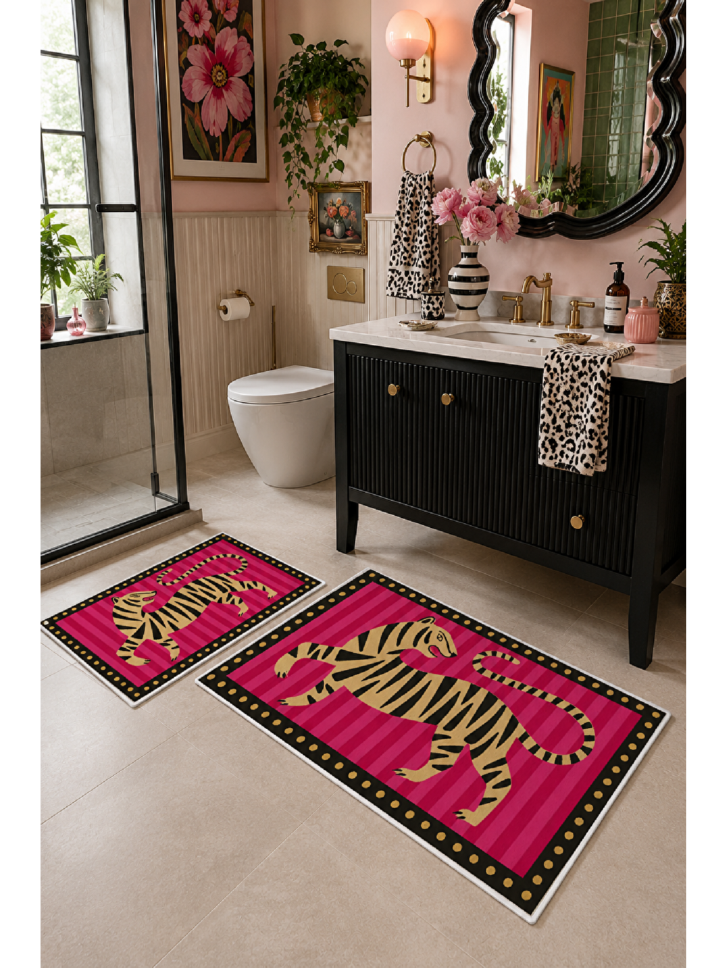 Fuşya Yeşil Kaplan Desenli Kaymaz Taban Banyo Paspası 2’li Set-4