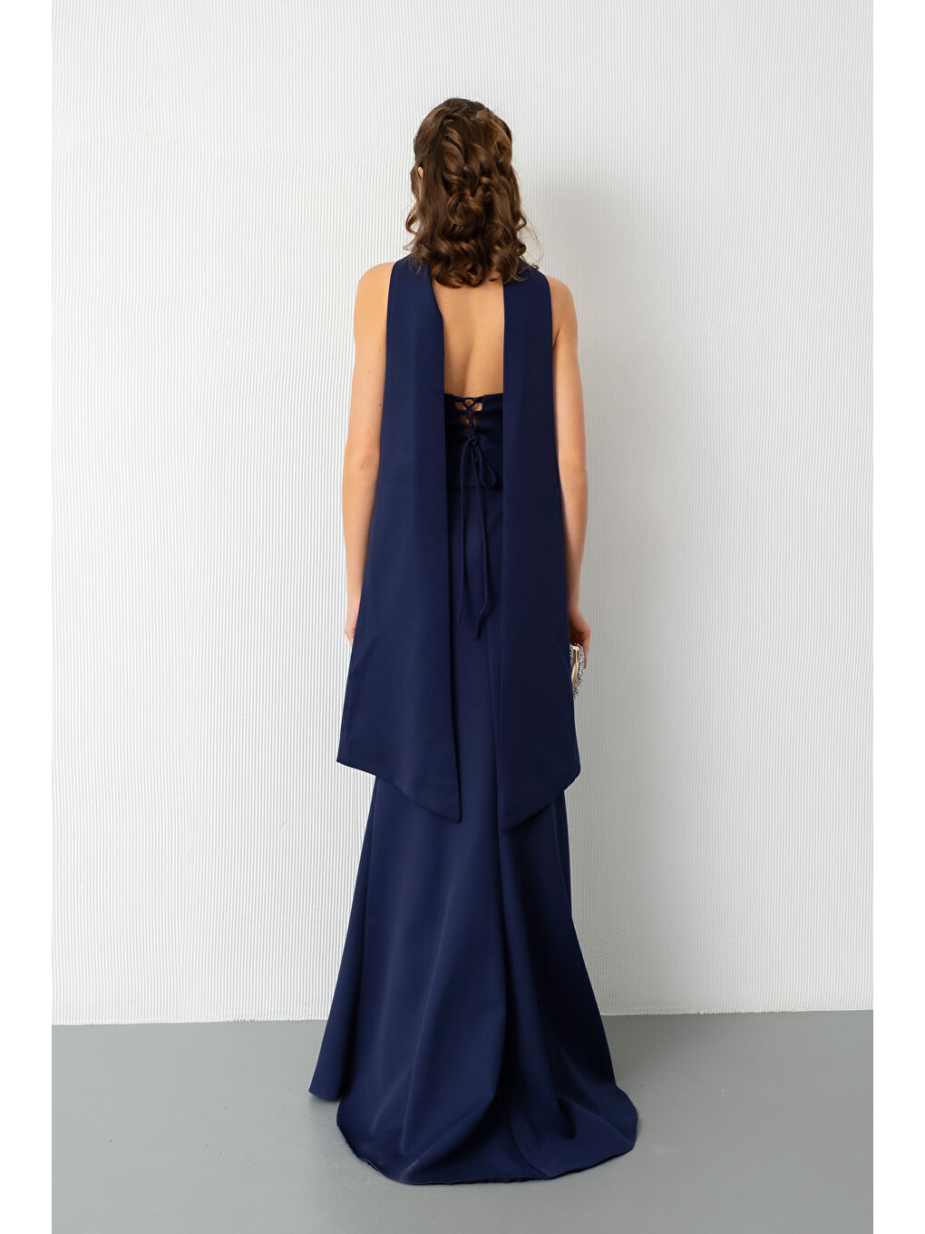 Kadın Lacivert Güpür Aplikeli Balen Korse Detay Uzun Söz Nişan Abiye Elbise-5