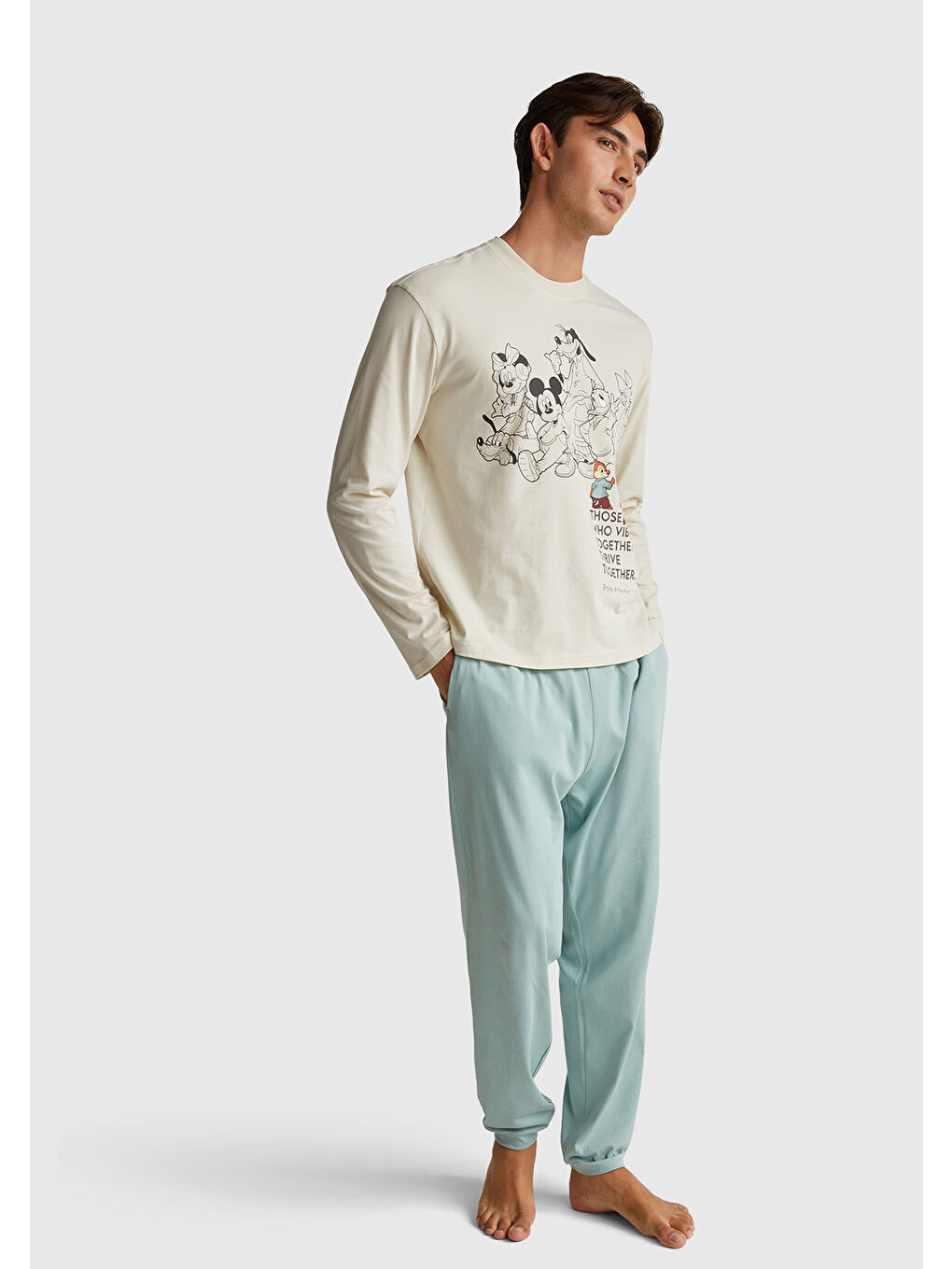 Ekru Erkek Krem %100 Pamuk Disney Baskılı Uzun Kollu T-Shirt-4