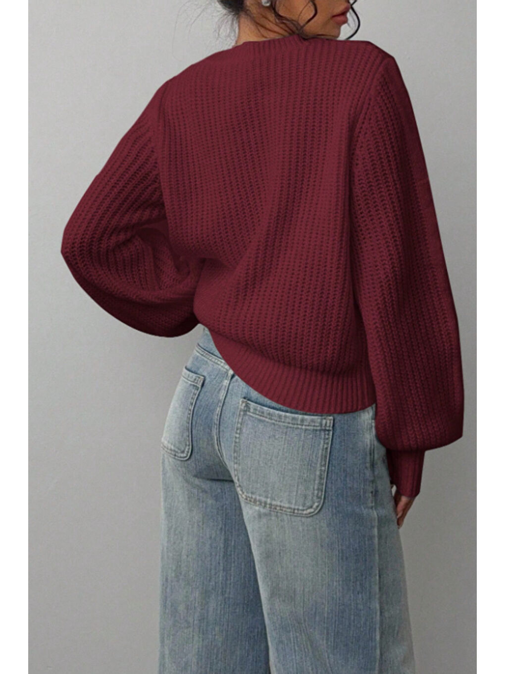 Kadın Bordo Oversize Bisiklet Yaka Balon Kol Fitilli Triko Kazak-4