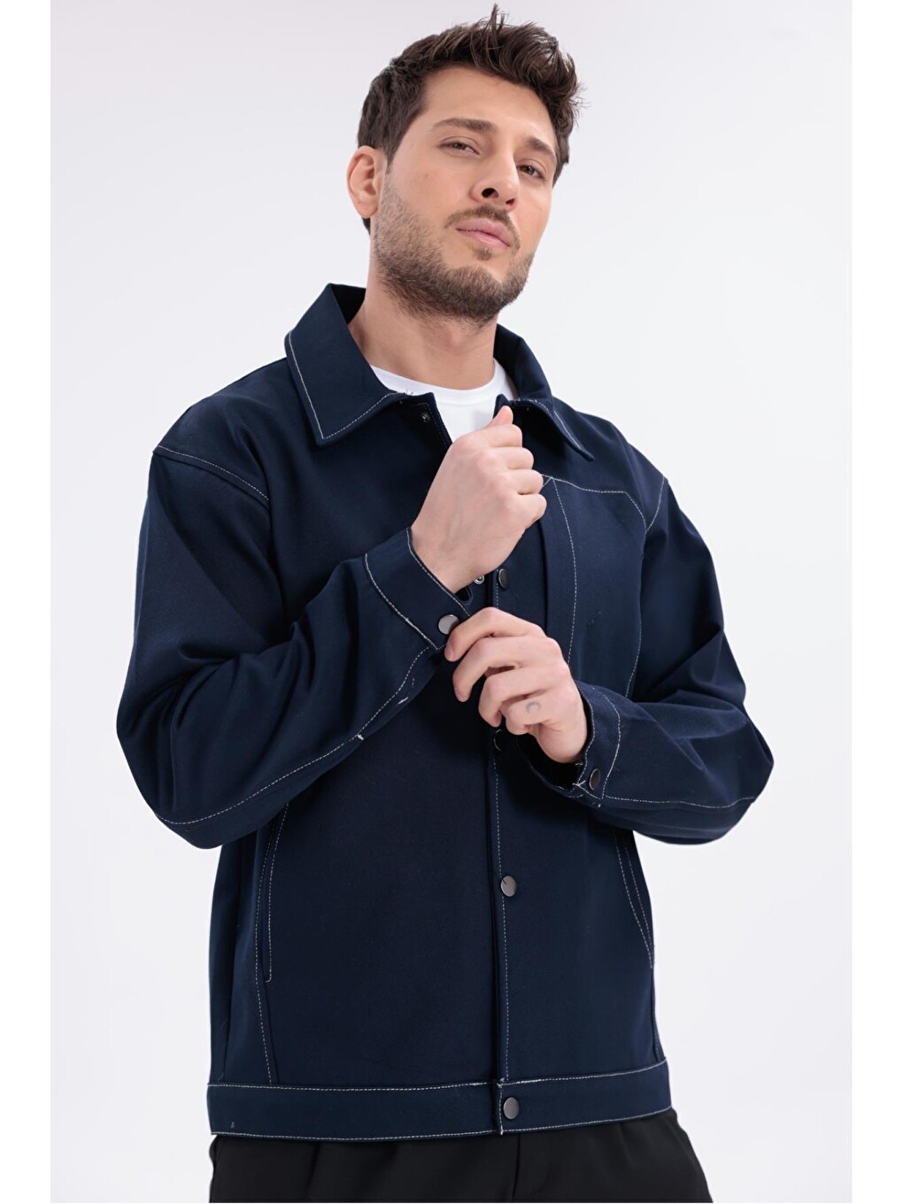 Lacivert Erkek Dikiş Detaylı Oversize Gabardin Ceket - Mont-1