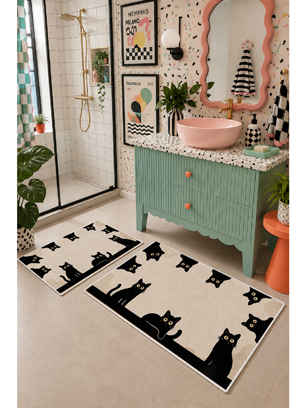 Bej Siyah Kedi Desenli Kaymaz Taban Banyo Paspası 2’li Set-6