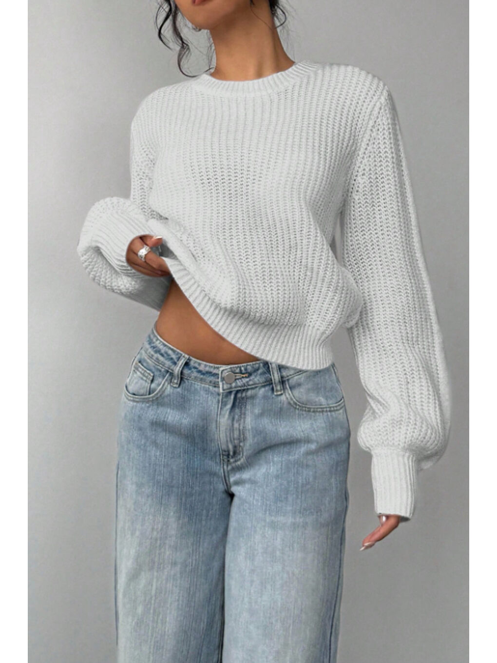 Kadın Beyaz Oversize Bisiklet Yaka Balon Kol Fitilli Triko Kazak-1