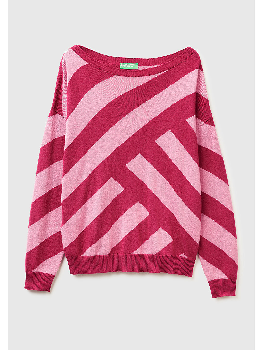 Kadın Fuşya Viskoz ve Yün Karışımlı Çizgi Desenli Kayık Yaka Kazak-1