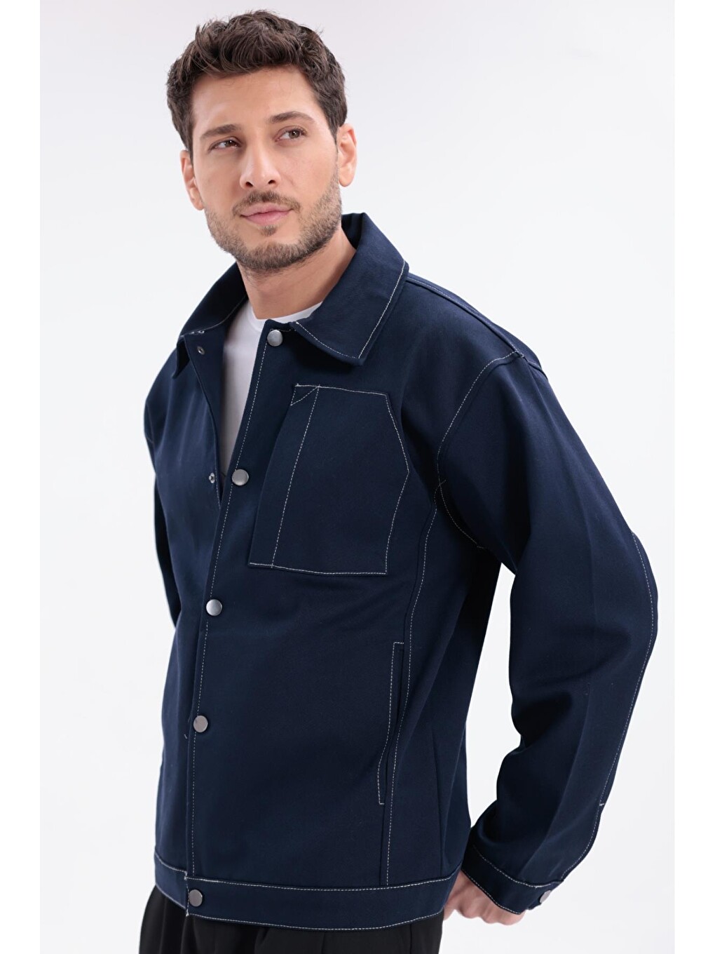 Lacivert Erkek Dikiş Detaylı Oversize Gabardin Ceket - Mont-2