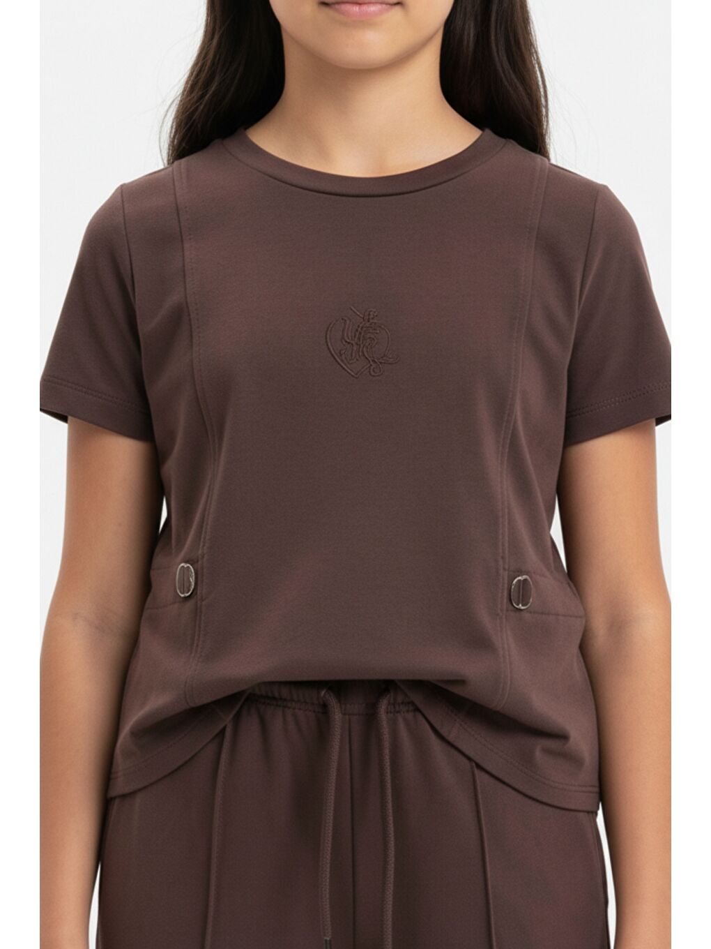 Kahverengi Kız Çocuk 2'li Eşofman Takımı Bisiklet Yaka Kısa kollu Cepli Tişört & Beli Lastikli Bol Paça-3