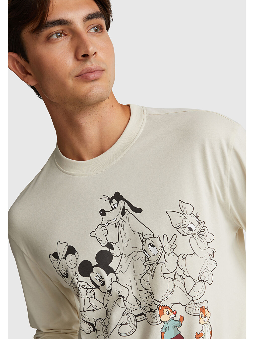 Ekru Erkek Krem %100 Pamuk Disney Baskılı Uzun Kollu T-Shirt-5