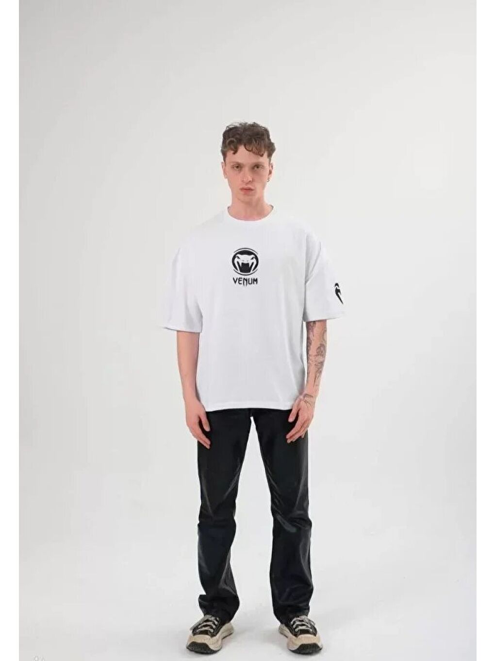 Unisex Bisiklet Yaka Baskılı Oversize T-Shirt - Beyaz-1