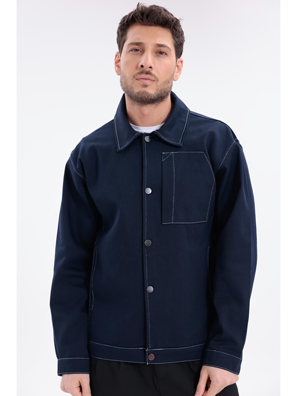 Lacivert Erkek Dikiş Detaylı Oversize Gabardin Ceket - Mont-3