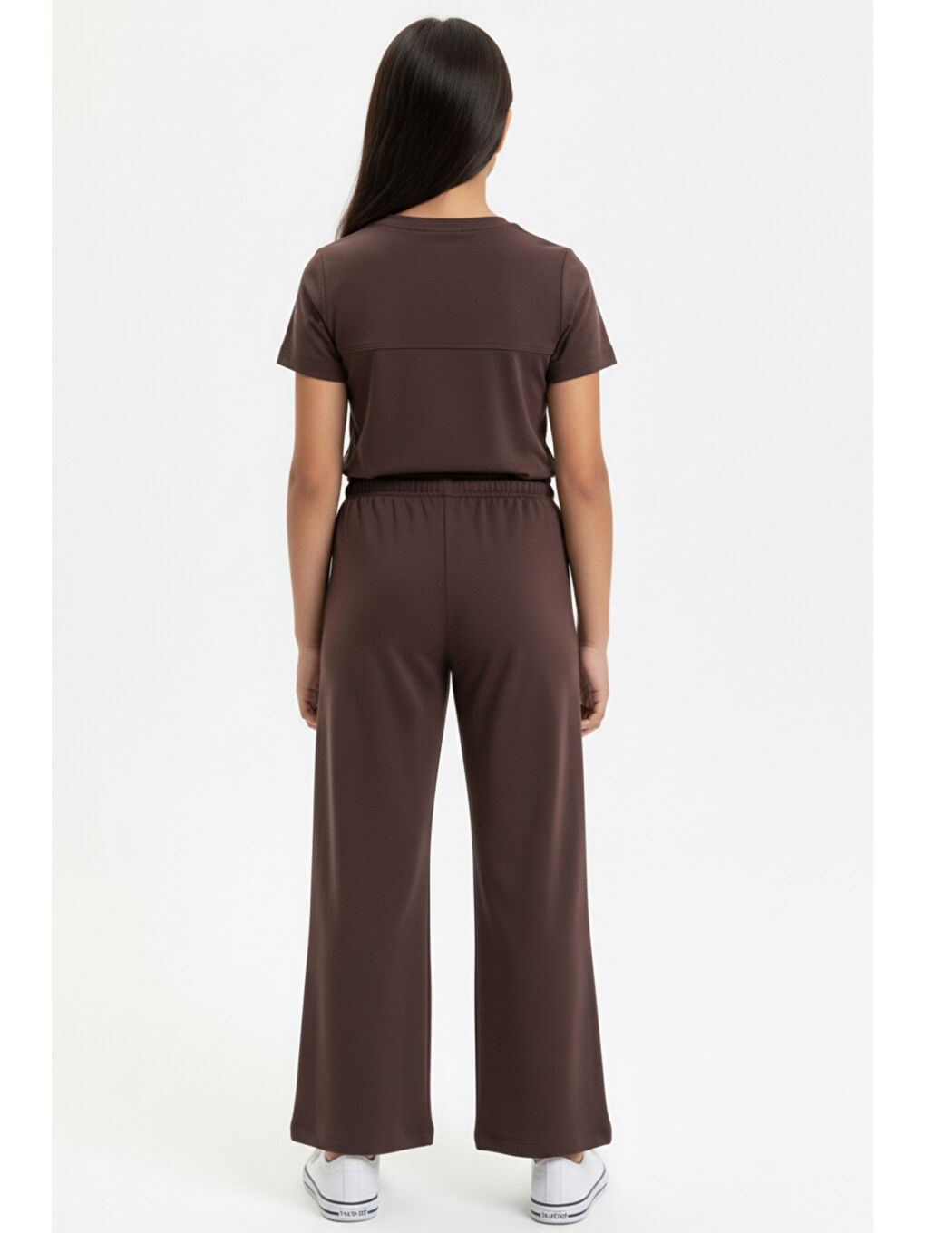 Kahverengi Kız Çocuk 2'li Eşofman Takımı Bisiklet Yaka Kısa kollu Cepli Tişört & Beli Lastikli Bol Paça-4