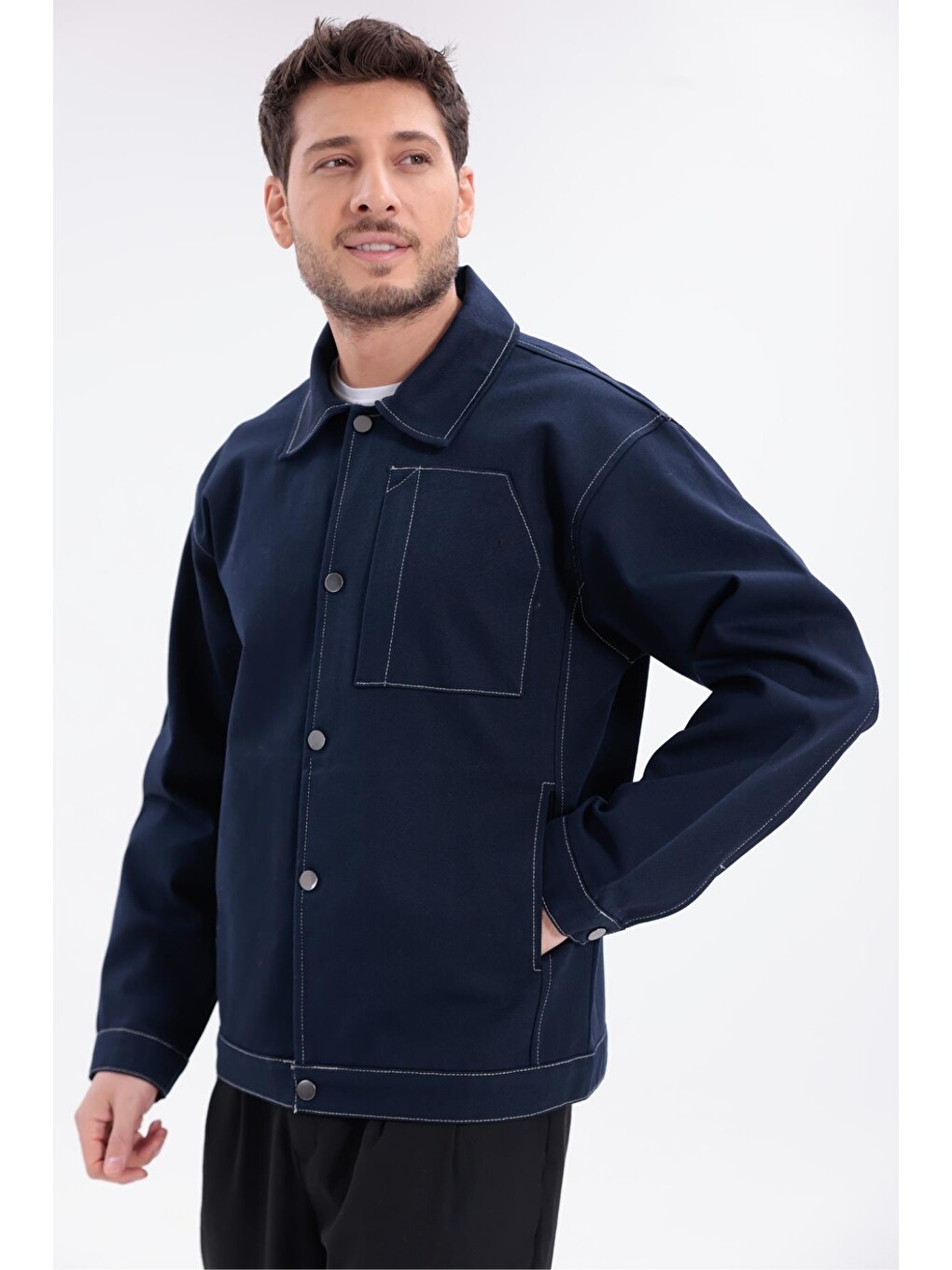 Lacivert Erkek Dikiş Detaylı Oversize Gabardin Ceket - Mont-4
