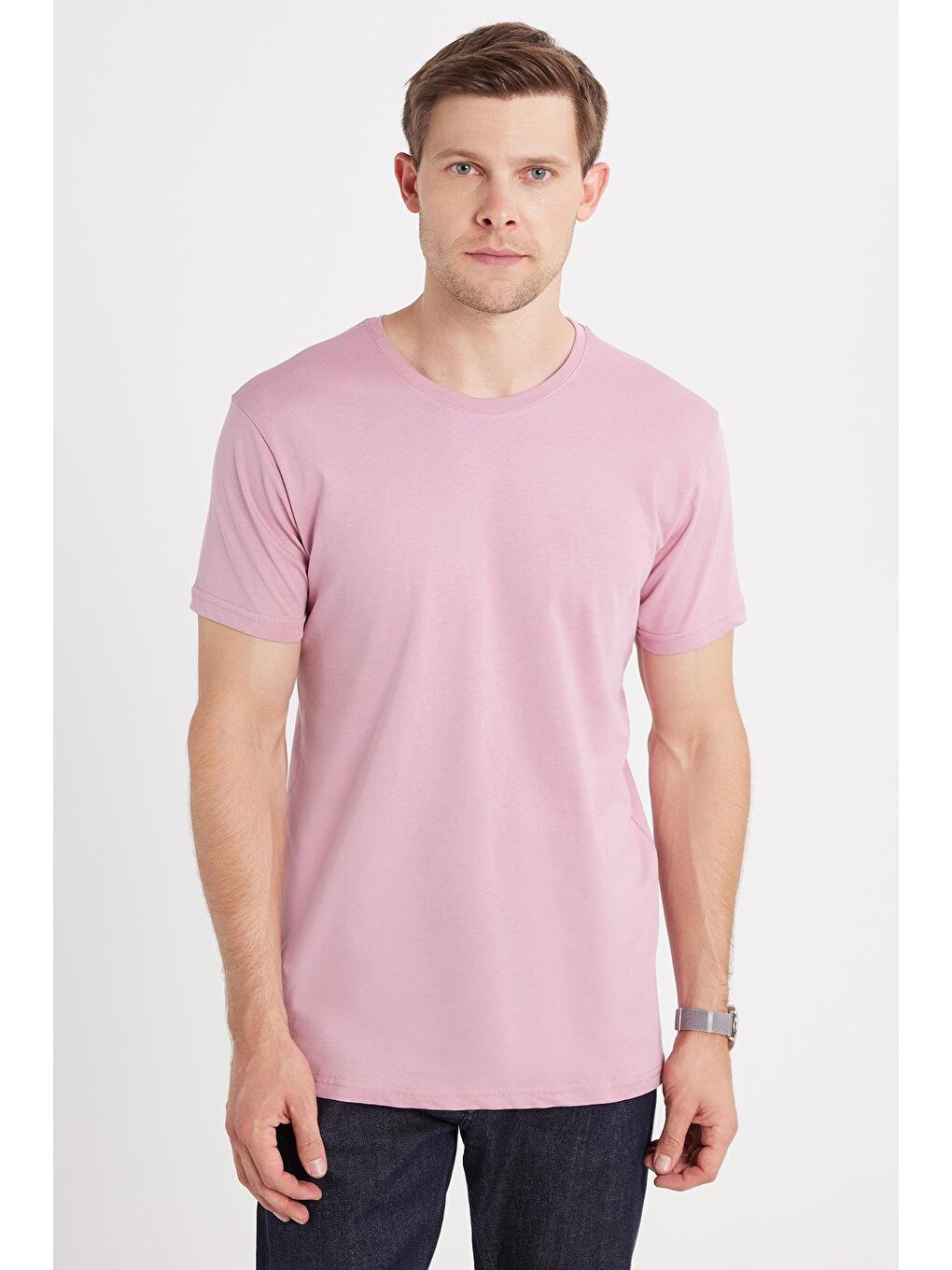 Unisex Slim Fit Dar Kesim %100 Pamuk Yumuşak Dokulu Lila Bisiklet Yaka Tişört-1