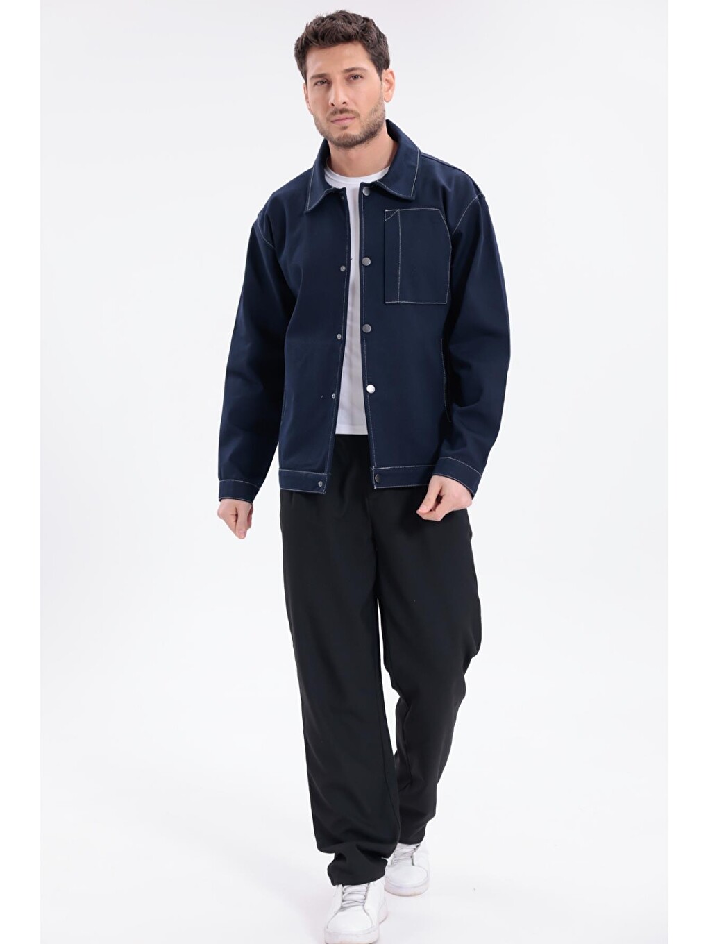 Lacivert Erkek Dikiş Detaylı Oversize Gabardin Ceket - Mont-5