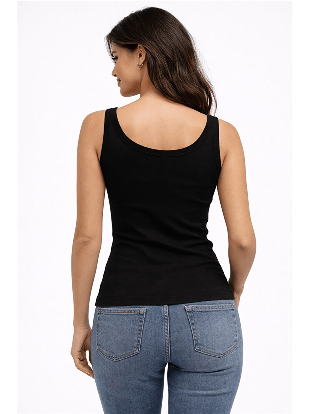 Siyah Pamuklu Slim Fit Düğme Detaylı Yuvarlak Yaka Kadın Atlet 26Y0127K1-3