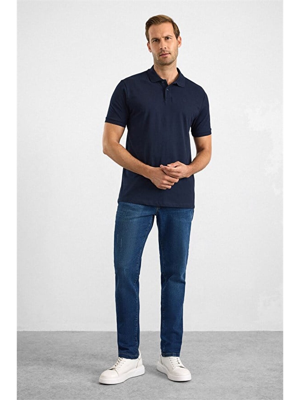 Lacivert Slim Düz Nakışlı Pike Düğmeli Polo Yaka Tişört-3