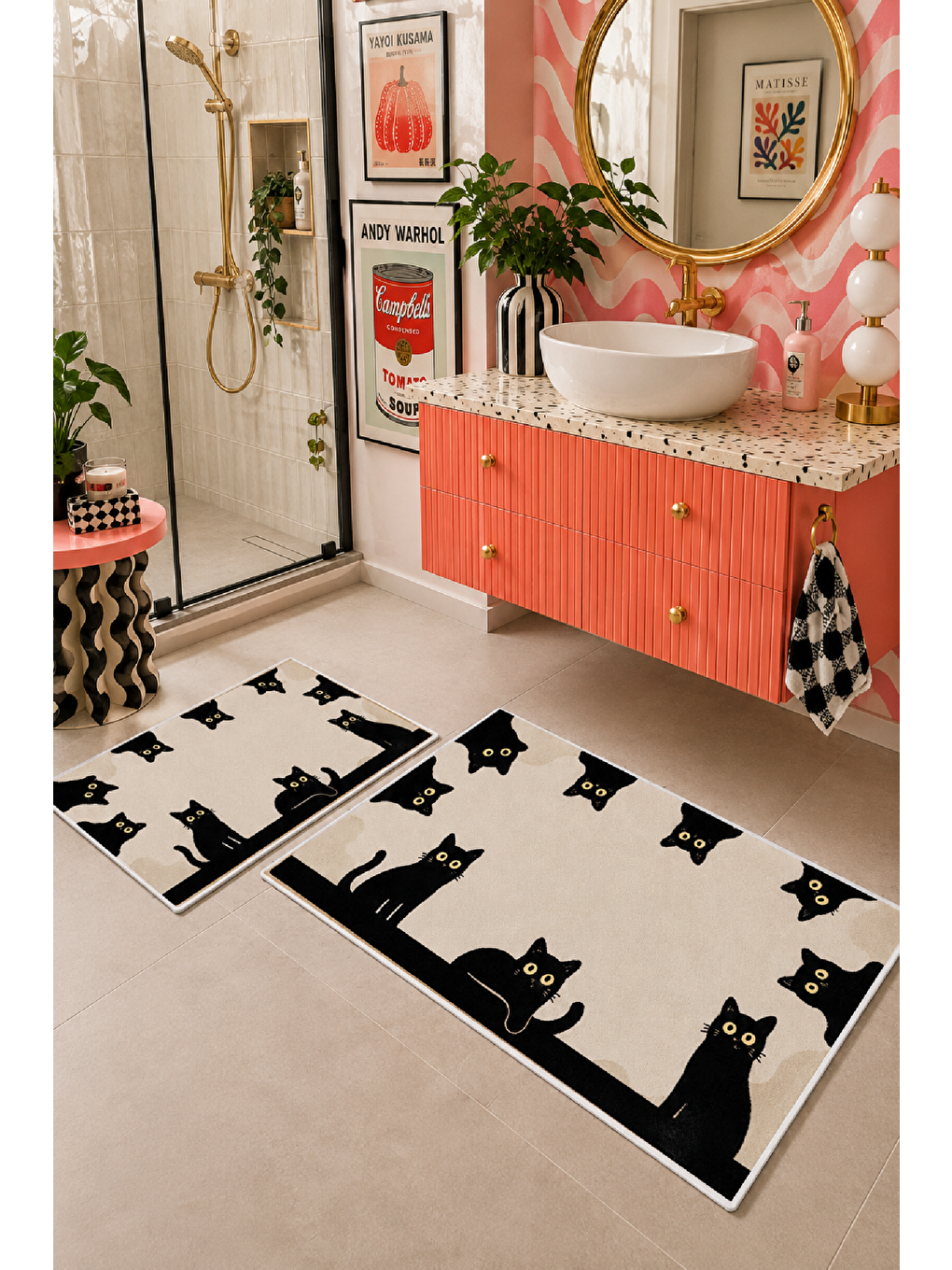 Bej Siyah Kedi Desenli Kaymaz Taban Banyo Paspası 2’li Set-7