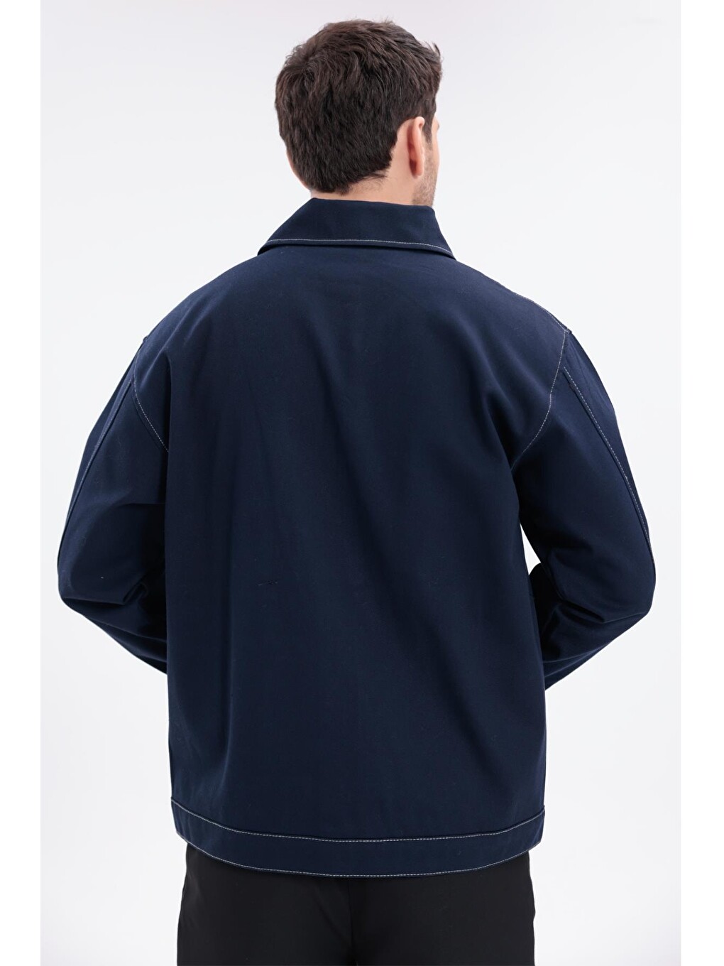 Lacivert Erkek Dikiş Detaylı Oversize Gabardin Ceket - Mont-6