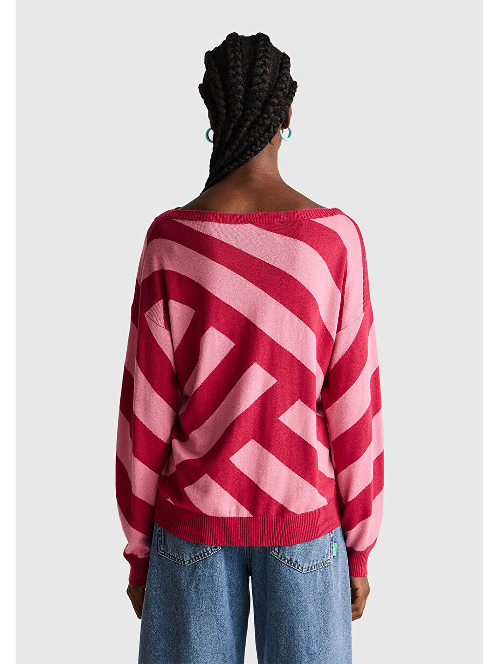 Kadın Fuşya Viskoz ve Yün Karışımlı Çizgi Desenli Kayık Yaka Kazak-2