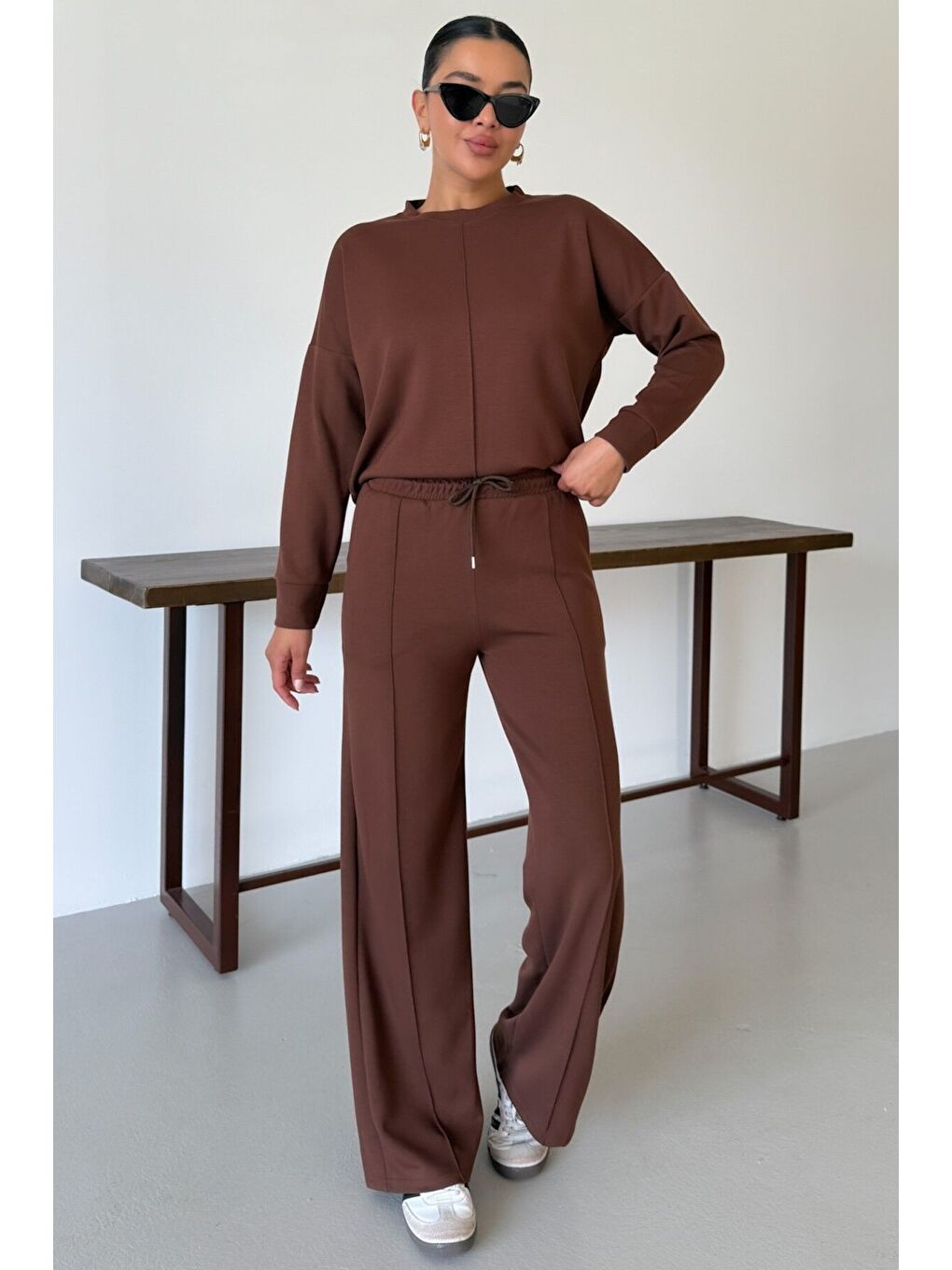 Kadın Kahverengi Düz Biye Detay Bisiklet Yaka Modal Kumaş Alt-Üst Eşofman Takımı-2