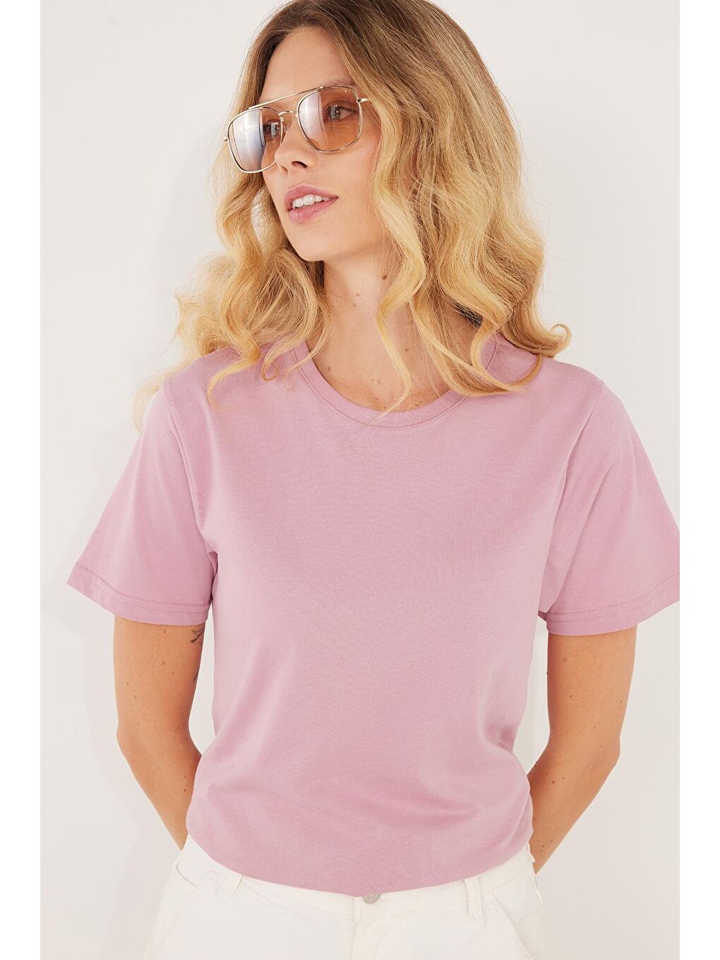 Unisex Slim Fit Dar Kesim %100 Pamuk Yumuşak Dokulu Lila Bisiklet Yaka Tişört-2