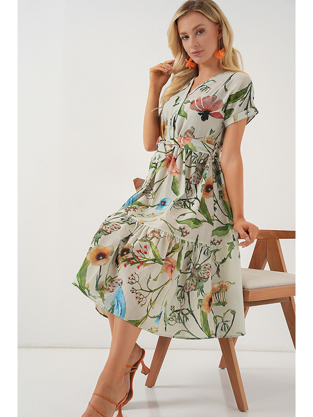 Yeşil Kadın Desenli Kısa Kol Elbise 2558 - Çağla-1