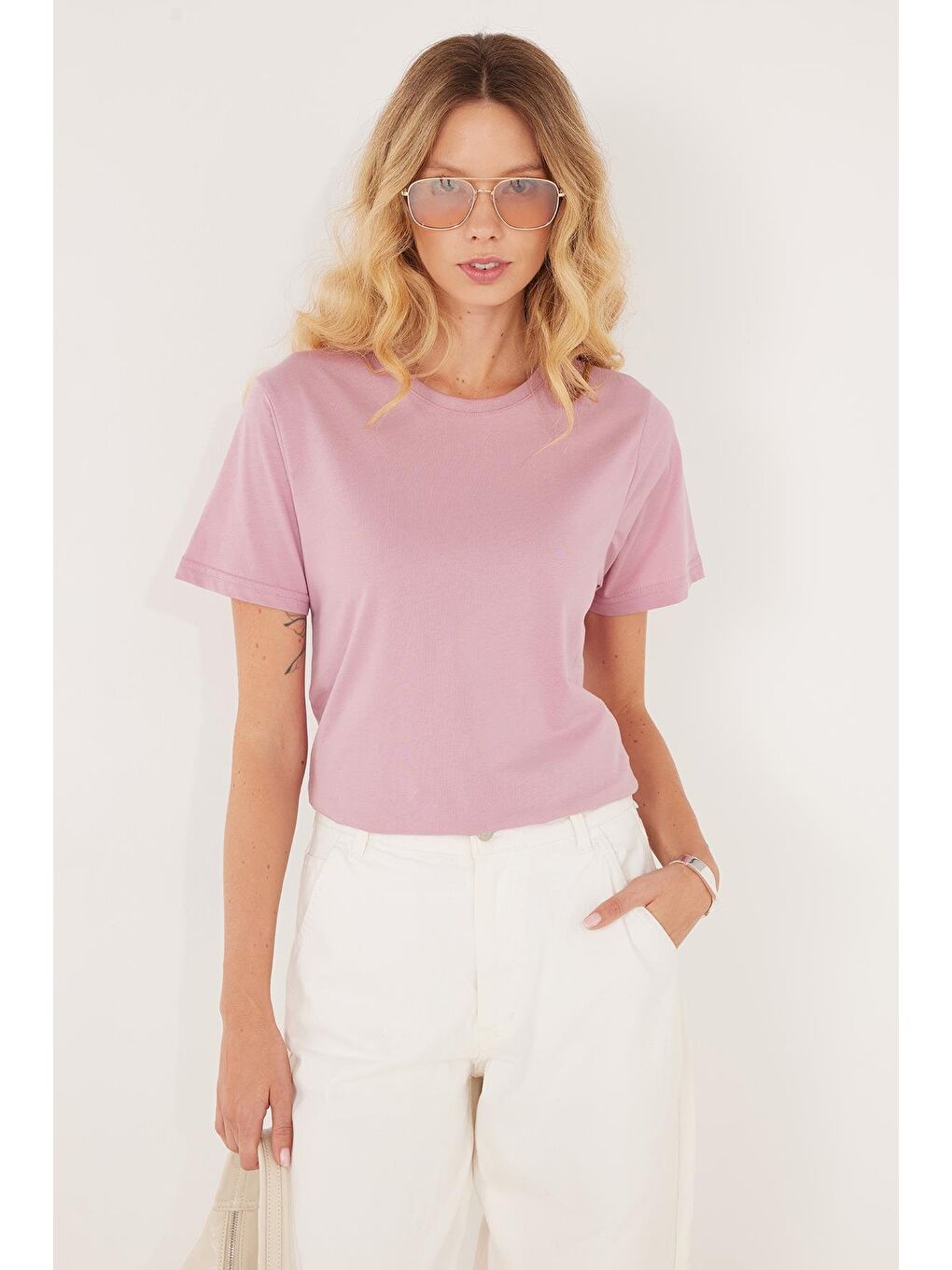 Unisex Slim Fit Dar Kesim %100 Pamuk Yumuşak Dokulu Lila Bisiklet Yaka Tişört-3