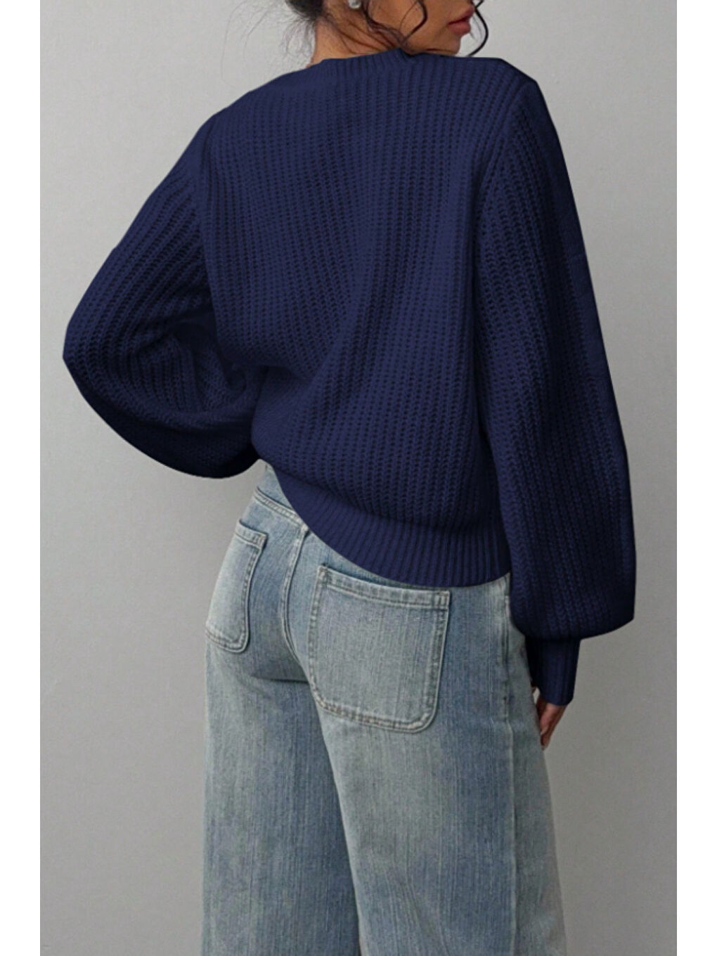 Kadın Lacivert Oversize Bisiklet Yaka Balon Kol Fitilli Triko Kazak-3