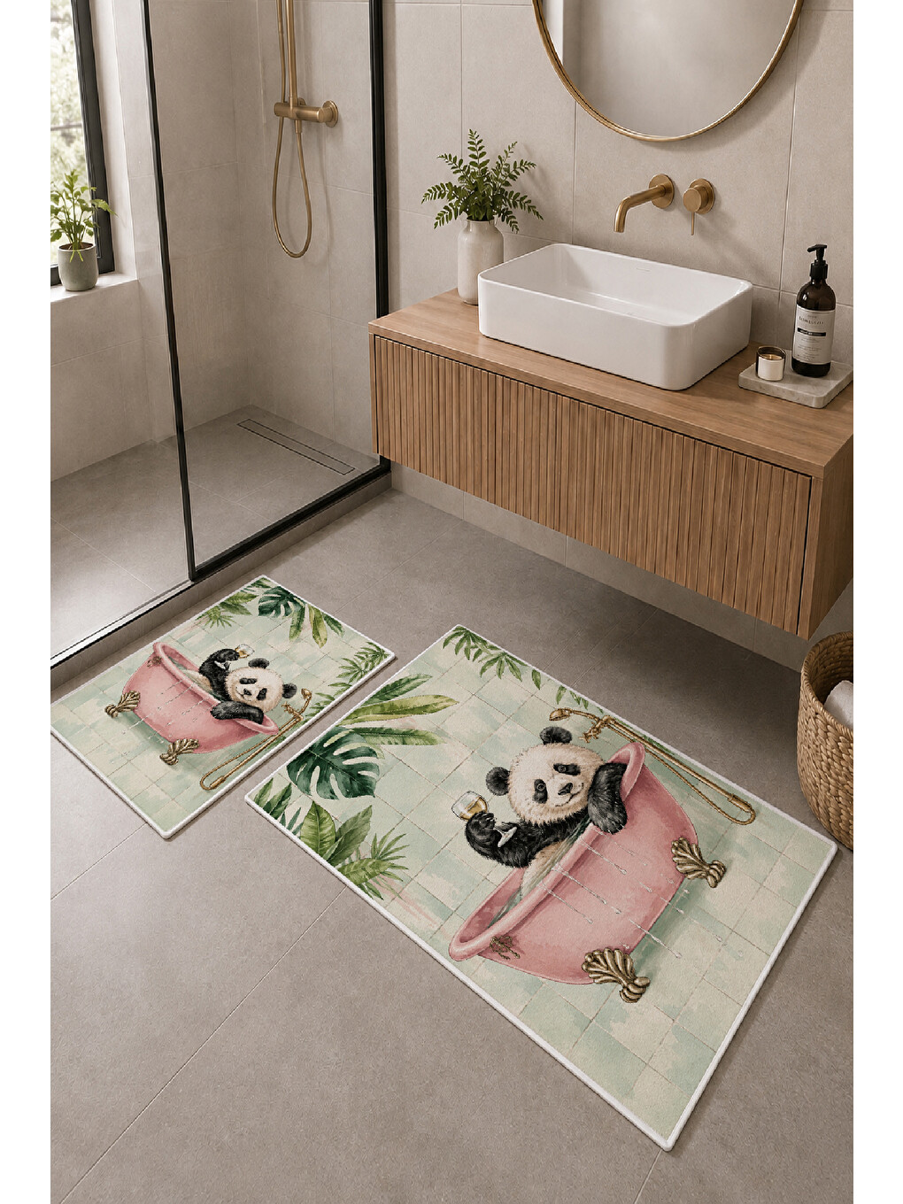 Beyaz Açık Yeşil Panda Desenli Kaymaz Taban Banyo Paspası 2’li Set-1