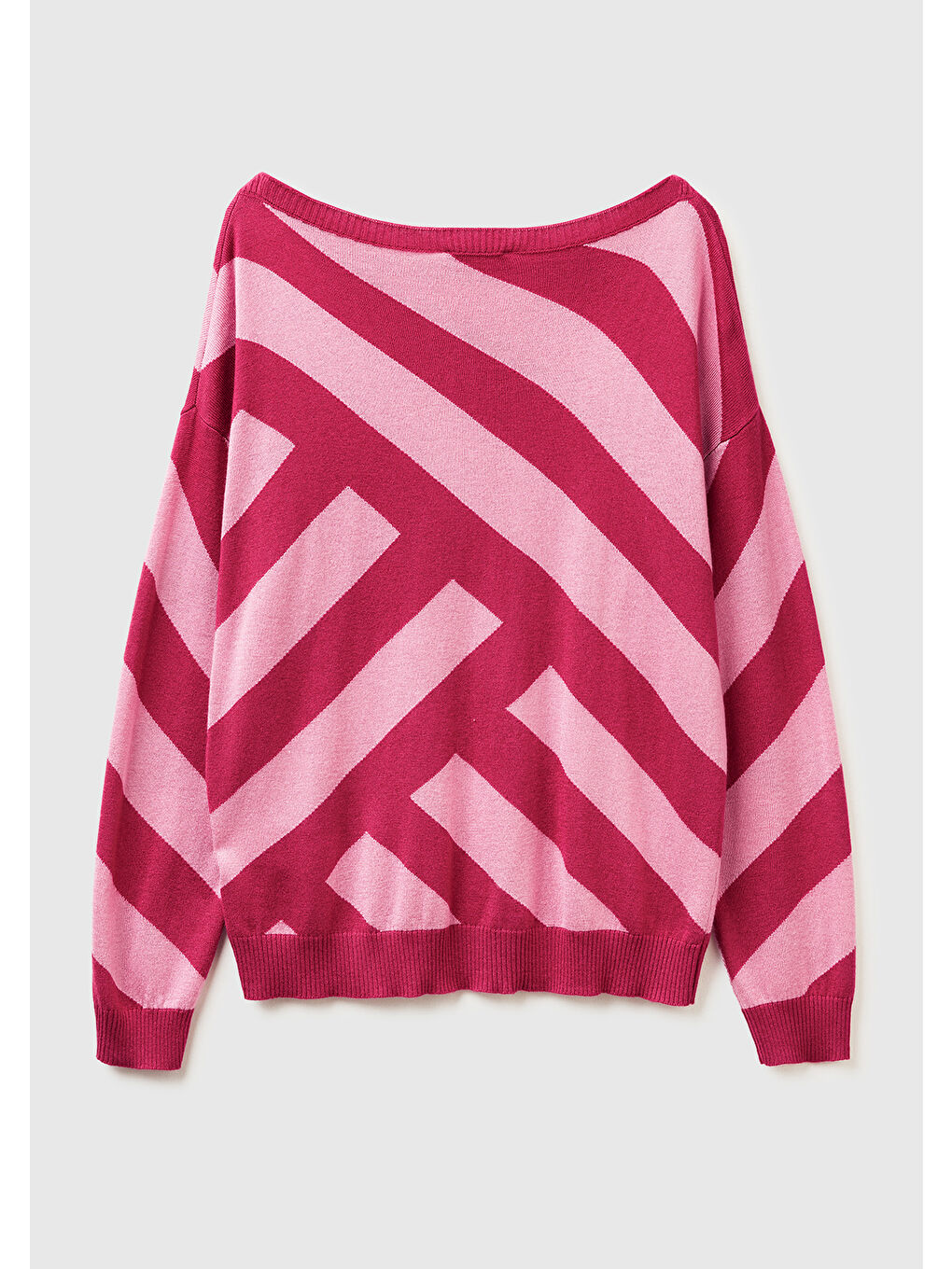 Kadın Fuşya Viskoz ve Yün Karışımlı Çizgi Desenli Kayık Yaka Kazak-3