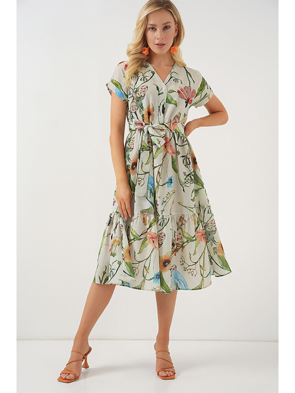 Yeşil Kadın Desenli Kısa Kol Elbise 2558 - Çağla-2