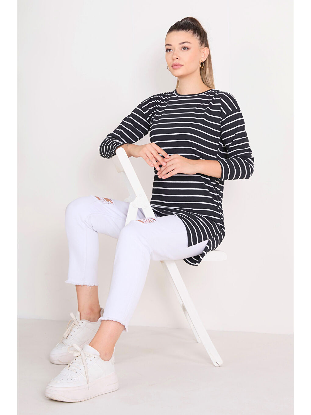 Çİzgili Yırtmaçlı Tunik Siyah - 27134