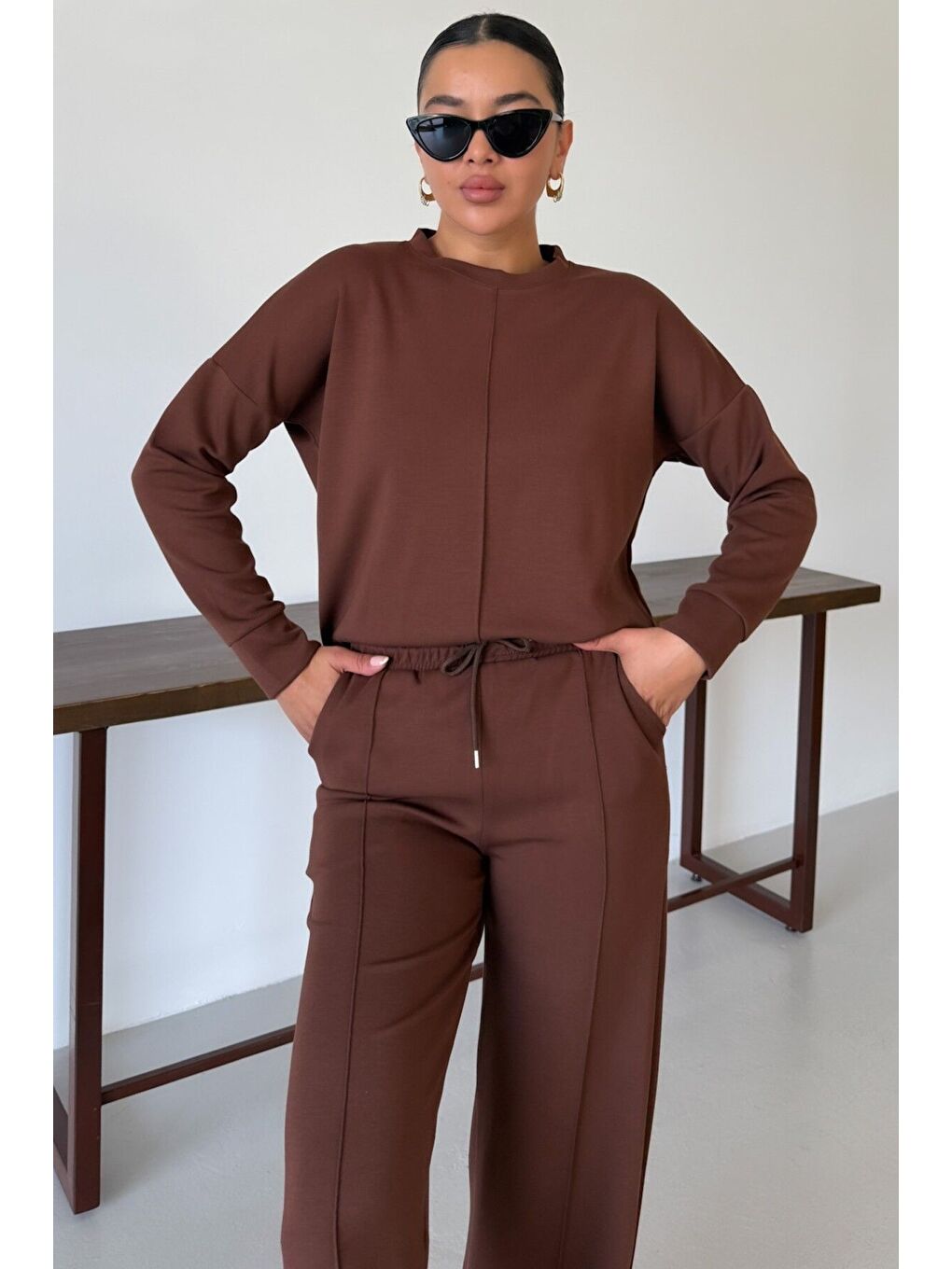 Kadın Kahverengi Düz Biye Detay Bisiklet Yaka Modal Kumaş Alt-Üst Eşofman Takımı-5