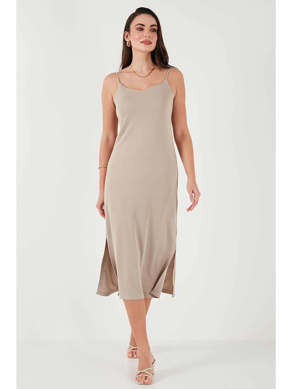 Antrasit Regular Fit İp Askılı Yırtmaç Detaylı Midi Kadın Elbise 5866128-1