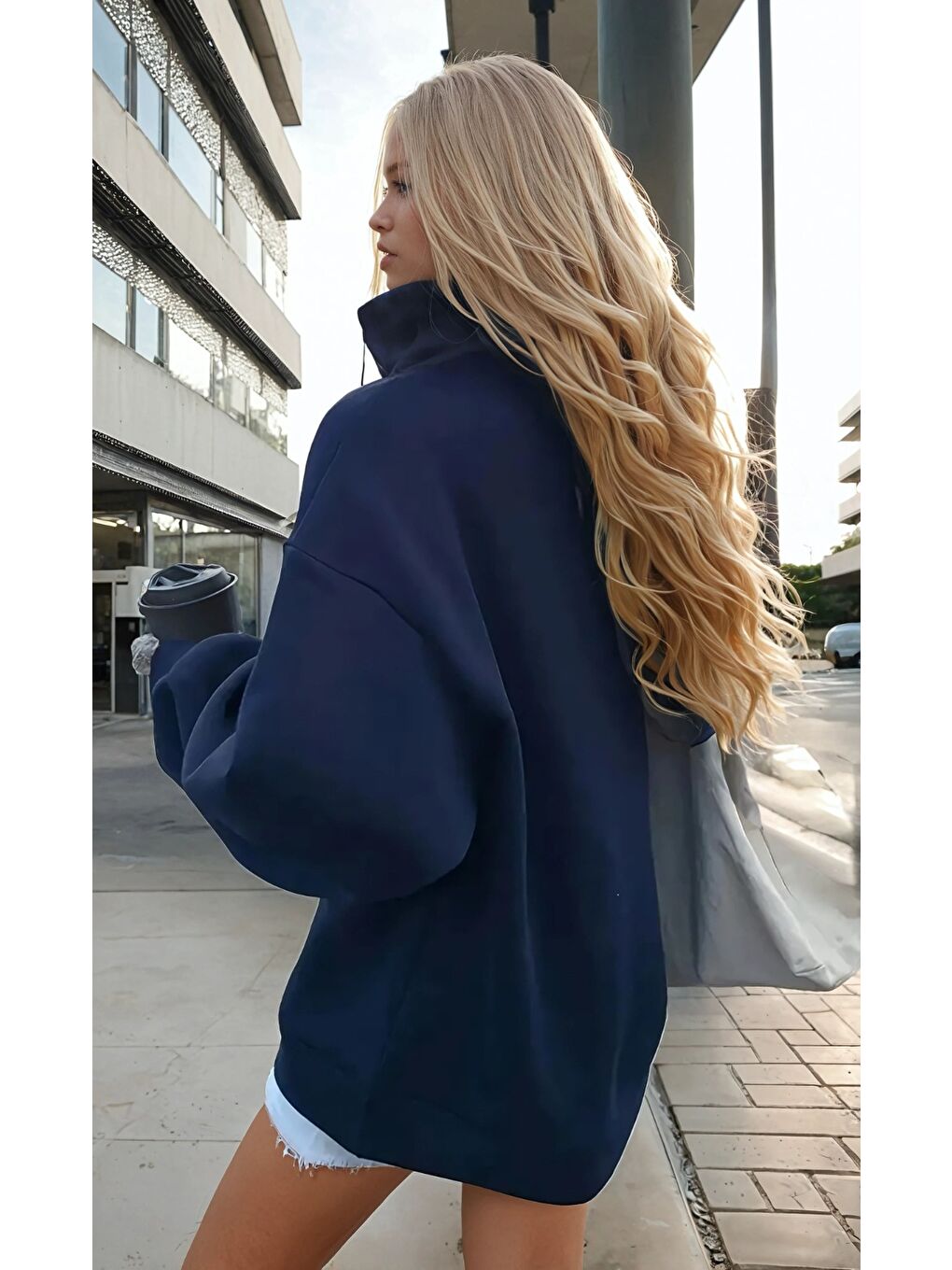 Lacivert Fermuar Yaka Los Angeles Baskılı Üç İplik Sweatshirt-1