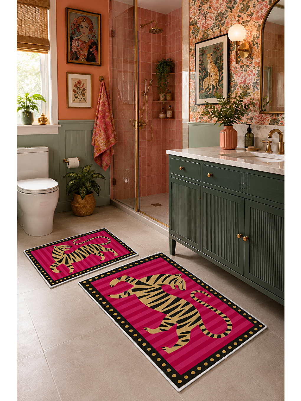 Fuşya Yeşil Kaplan Desenli Kaymaz Taban Banyo Paspası 2’li Set-5