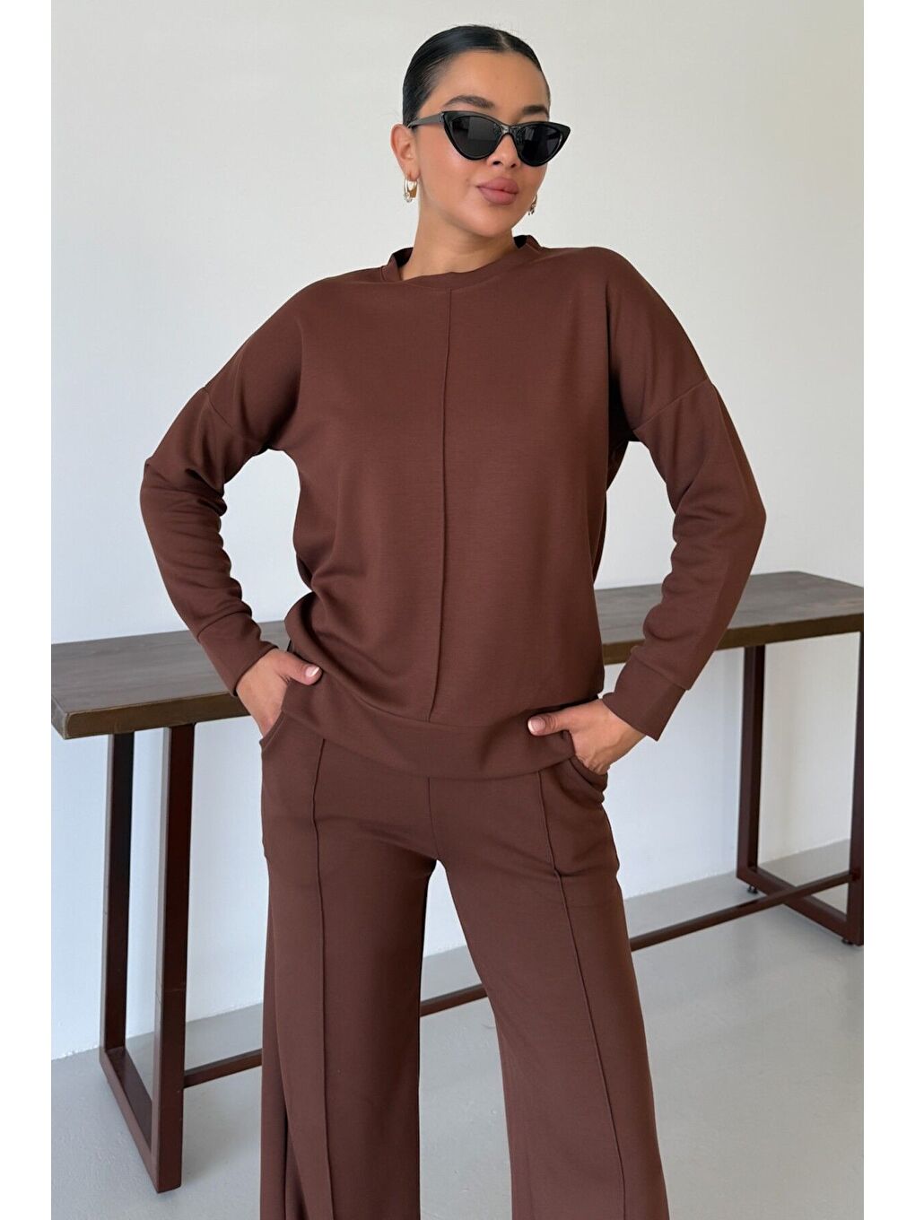 Kadın Kahverengi Düz Biye Detay Bisiklet Yaka Modal Kumaş Alt-Üst Eşofman Takımı-6