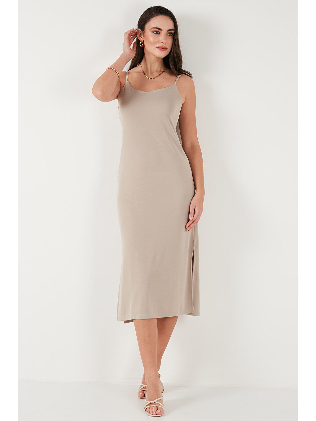 Antrasit Regular Fit İp Askılı Yırtmaç Detaylı Midi Kadın Elbise 5866128-3