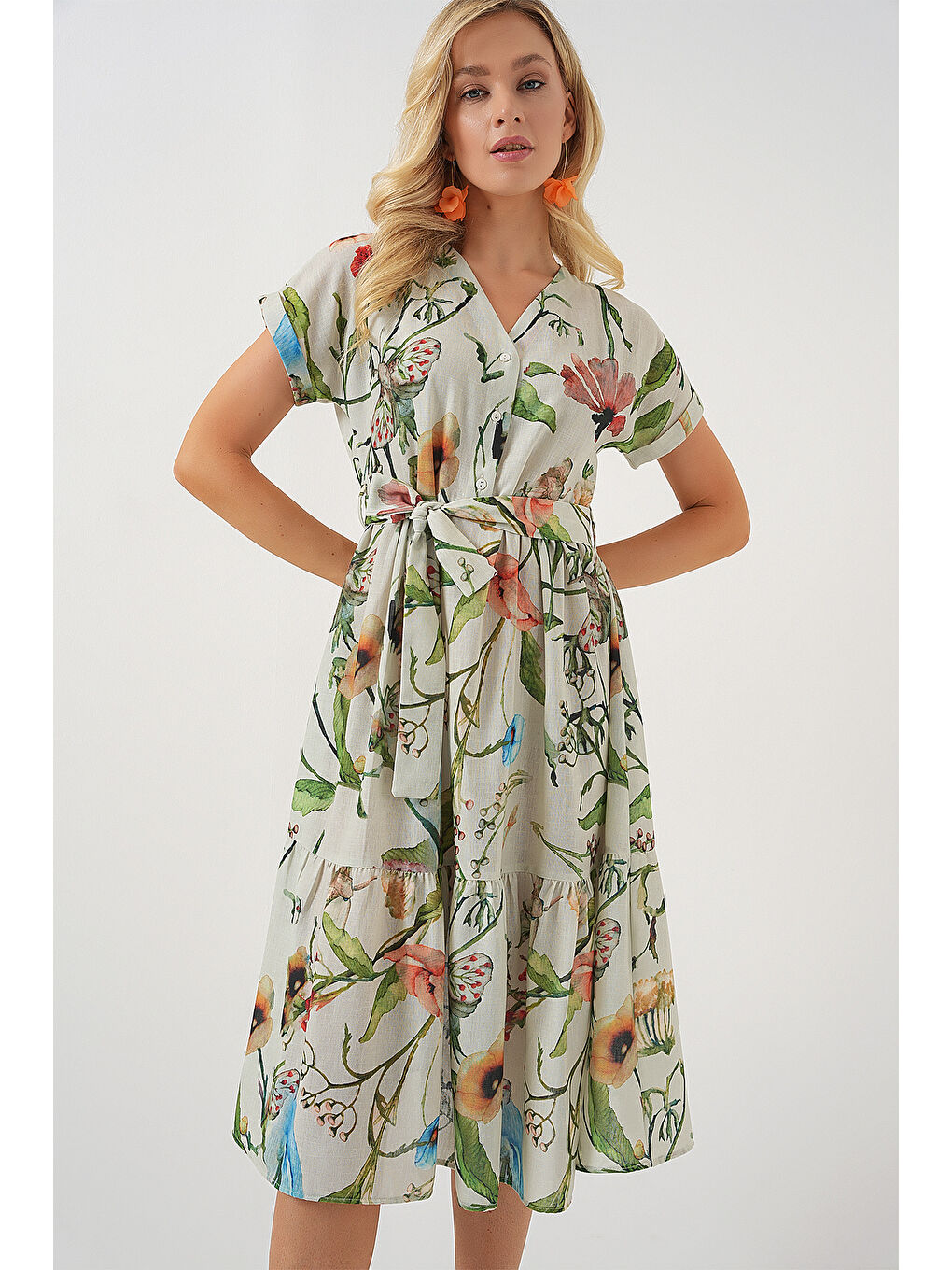 Yeşil Kadın Desenli Kısa Kol Elbise 2558 - Çağla-3