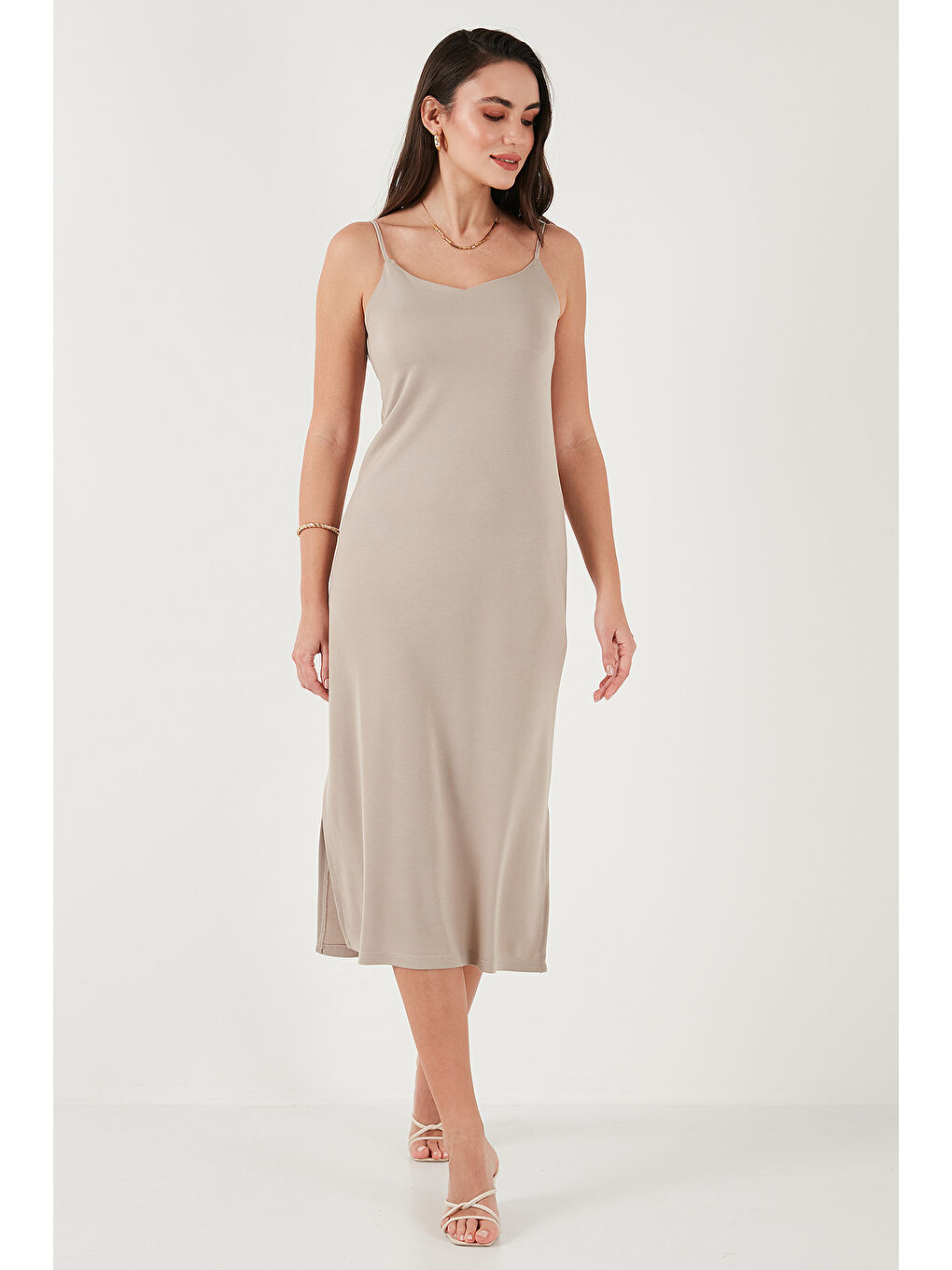 Antrasit Regular Fit İp Askılı Yırtmaç Detaylı Midi Kadın Elbise 5866128-4