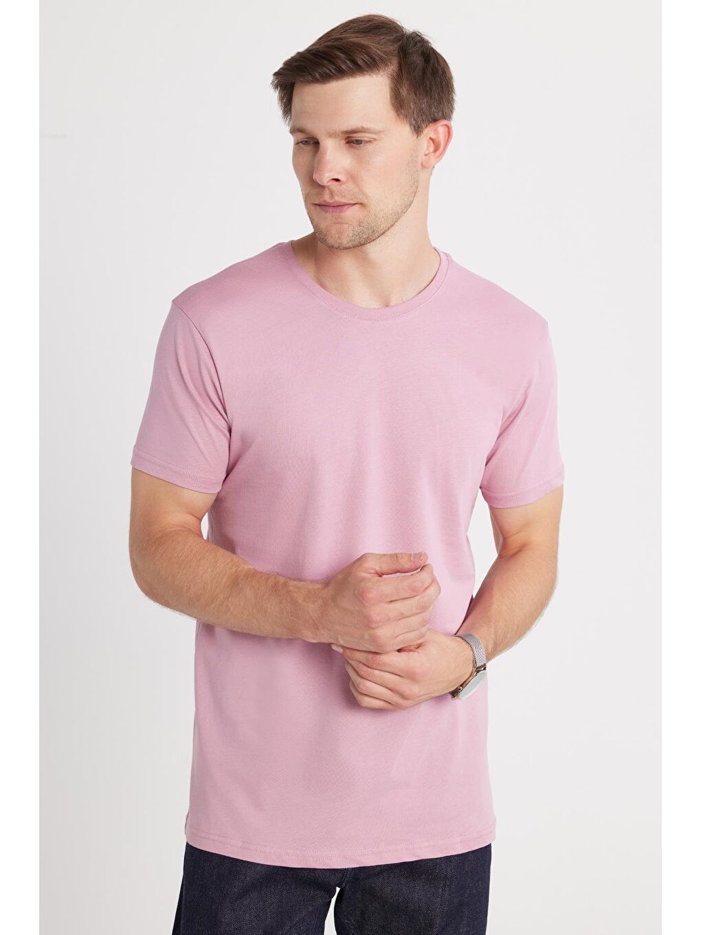 Unisex Slim Fit Dar Kesim %100 Pamuk Yumuşak Dokulu Lila Bisiklet Yaka Tişört-5