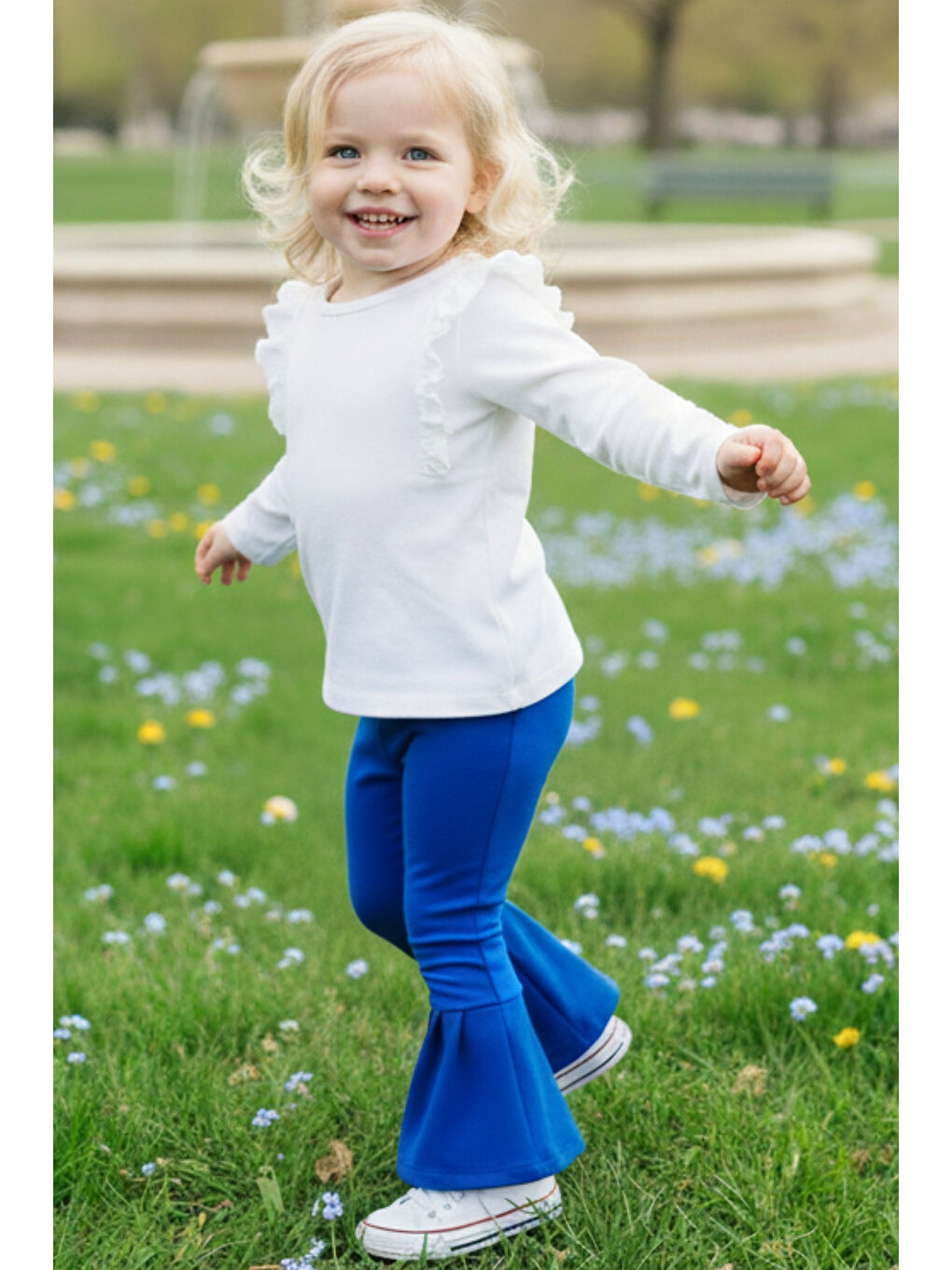 Kız Çocuk Saks Mavi Ispanyol Paça Yüksek Bel Lastikli Tayt Pantolon