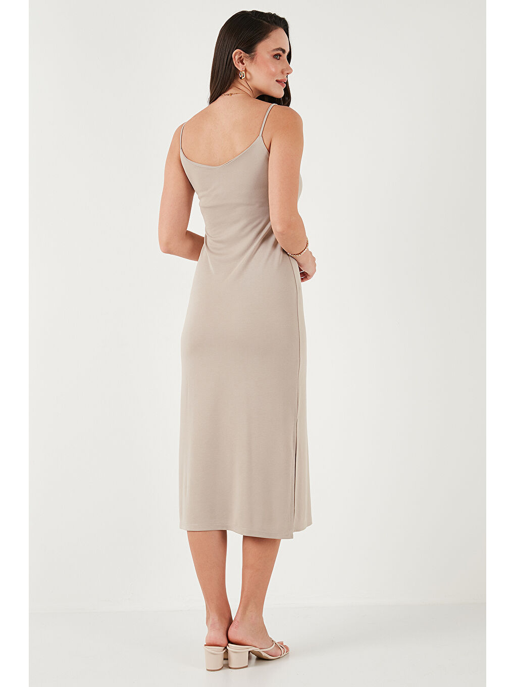 Antrasit Regular Fit İp Askılı Yırtmaç Detaylı Midi Kadın Elbise 5866128-6