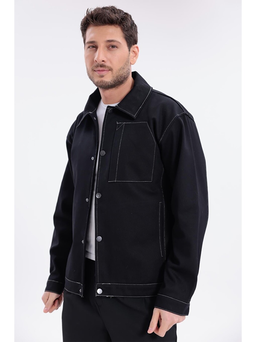 Siyah Erkek Dikiş Detaylı Oversize Gabardin Ceket - Mont-1